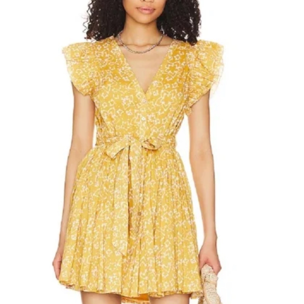 Cleobella Zia Mini Dress Cassia Ruffle Shoulder Yellow White
